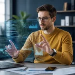 Jeune informaticien analysant des données numériques sur une interface holographique pour identifier quel opérateur utilise le 0763.