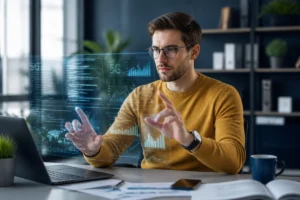 Jeune informaticien analysant des données numériques sur une interface holographique pour identifier quel opérateur utilise le 0763.