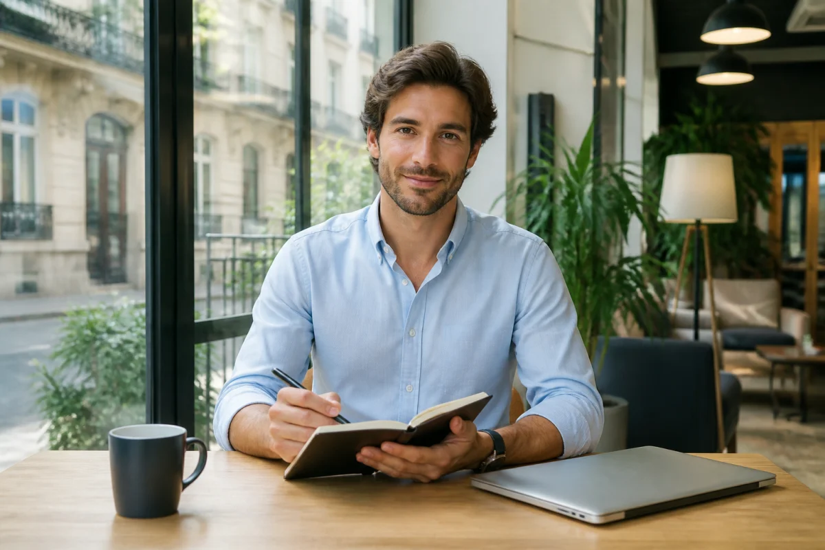 Jeune entrepreneur confiant avec carnet dans un espace de coworking lumineux pour réussir la création d'entreprise en France.