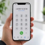 Main tenant un smartphone affichant un numéro en 0767 pour identifier l'opérateur sur un bureau lumineux.