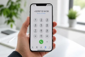 Main tenant un smartphone affichant un numéro en 0767 pour identifier l'opérateur sur un bureau lumineux.