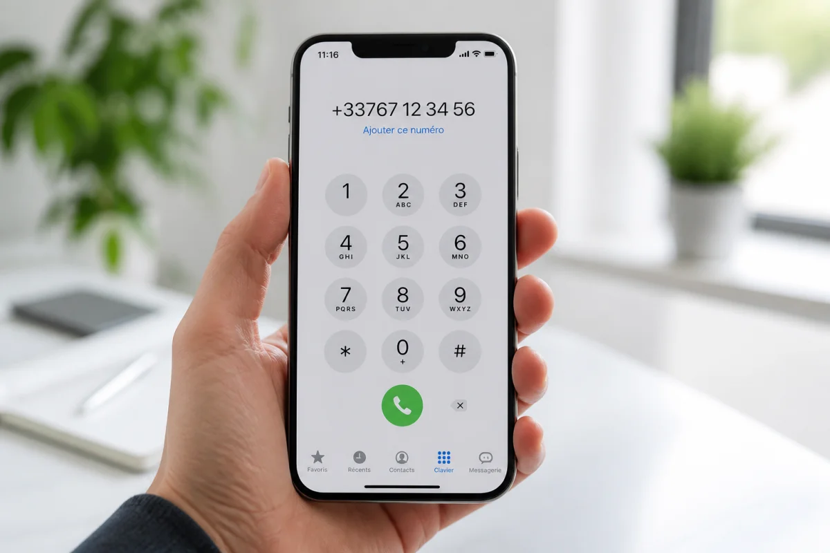 Main tenant un smartphone affichant un numéro en 0767 pour identifier l'opérateur sur un bureau lumineux.