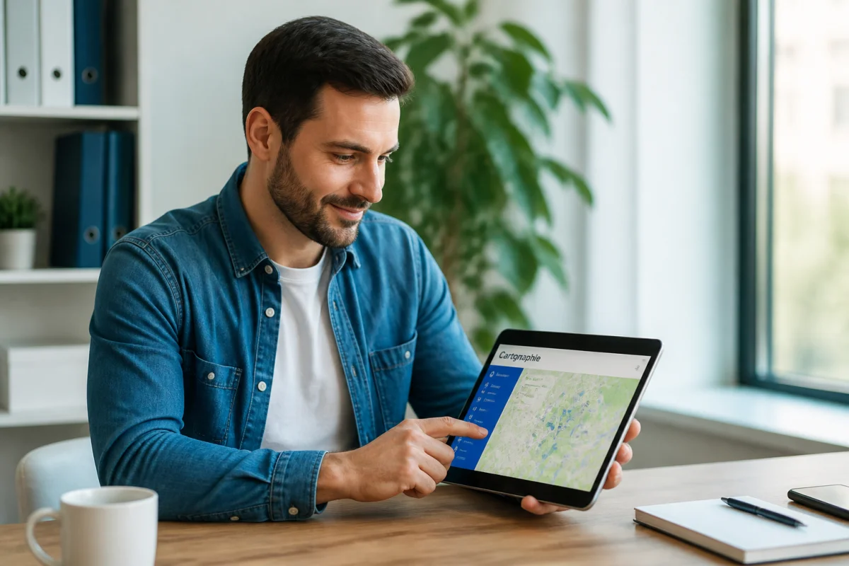 Personne souriante consultant une tablette numérique dans un bureau moderne pour identifier quel opérateur utilise le 0695.