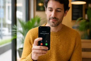 Personne consultant son smartphone pour identifier l'opérateur d'un appel entrant commençant par le préfixe 0780.