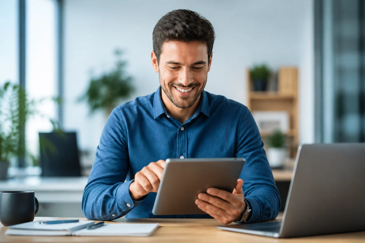 Professionnel souriant consultant une tablette dans un bureau moderne pour identifier un opérateur téléphonique 0679.