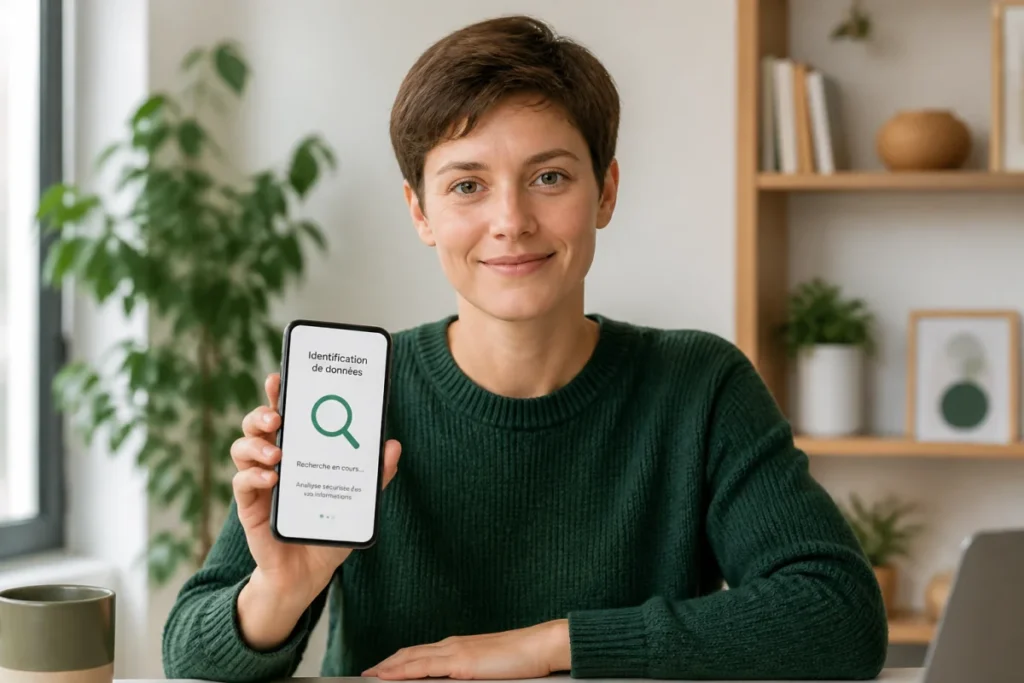 Personne sereine consultant son smartphone dans un bureau lumineux pour identifier l'opérateur derrière le numéro 0759.