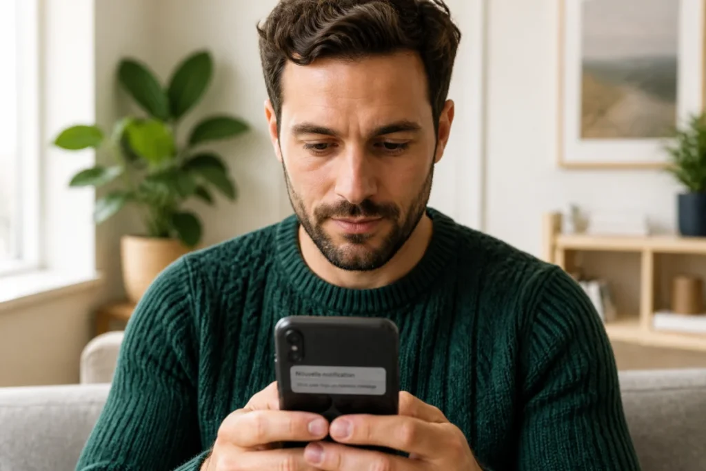 Personne en pull vert émeraude consultant son smartphone pour vérifier une notification liée à une arnaque carte vitale sms.