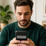 Personne en pull vert émeraude consultant son smartphone pour vérifier une notification liée à une arnaque carte vitale sms.