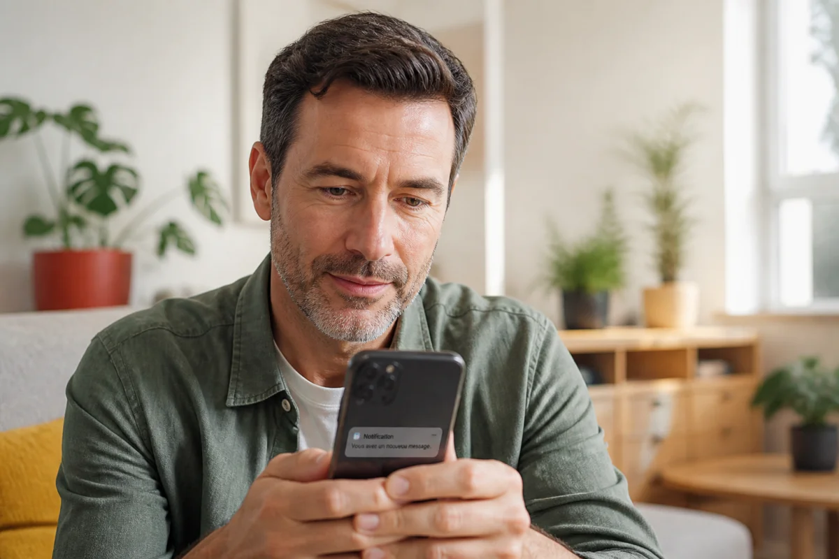 Personne attentive consultant son smartphone dans un salon lumineux, illustrant la vigilance face à une arnaque carte vitale sms.