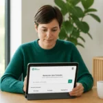Personne concentrée consultant une tablette numérique pour identifier un numéro commençant par 0757 dans un bureau lumineux.