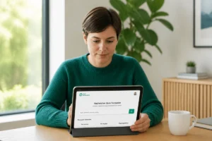 Personne concentrée consultant une tablette numérique pour identifier un numéro commençant par 0757 dans un bureau lumineux.