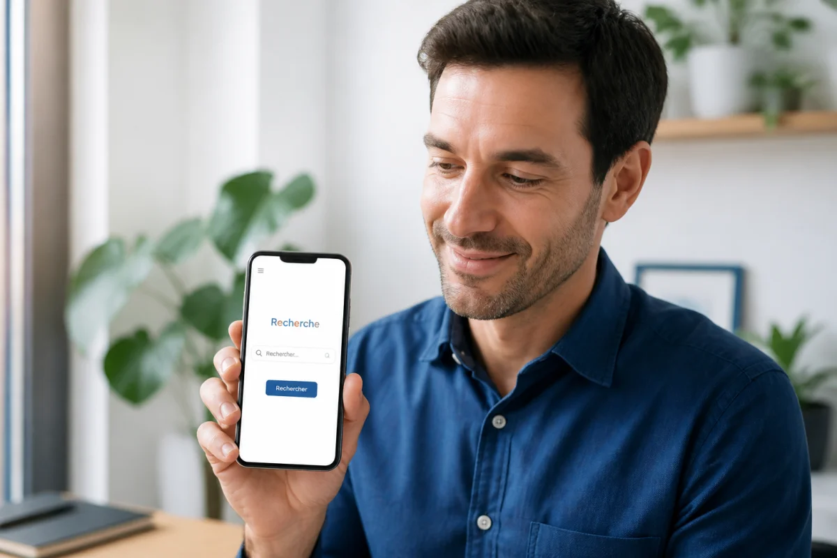 Personne concentrée utilisant son smartphone pour identifier l'opérateur derrière un numéro commençant par 0763.