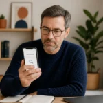Homme consultant une application sur smartphone pour identifier l'opérateur derrière un numéro commençant par 0772.
