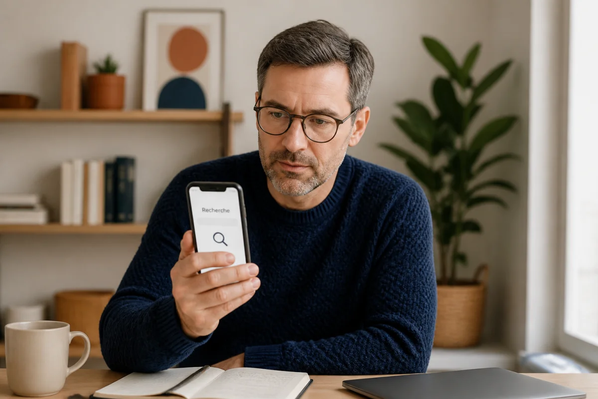 Homme consultant une application sur smartphone pour identifier l'opérateur derrière un numéro commençant par 0772.