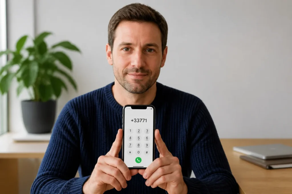 Personne tenant un smartphone affichant le préfixe 0771 pour identifier quel opérateur utilise ce numéro de téléphone.