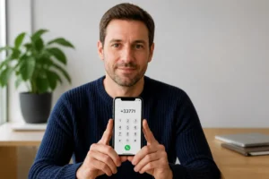 Personne tenant un smartphone affichant le préfixe 0771 pour identifier quel opérateur utilise ce numéro de téléphone.