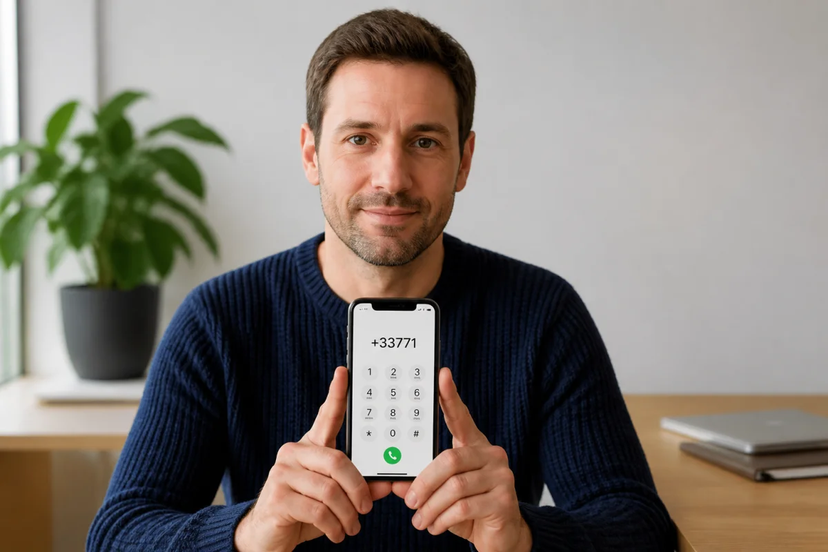 Personne tenant un smartphone affichant le préfixe 0771 pour identifier quel opérateur utilise ce numéro de téléphone.