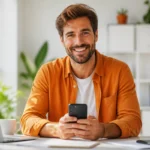 Personne souriante tenant un smartphone dans un bureau lumineux pour identifier l'opérateur d'un numéro 0688.
