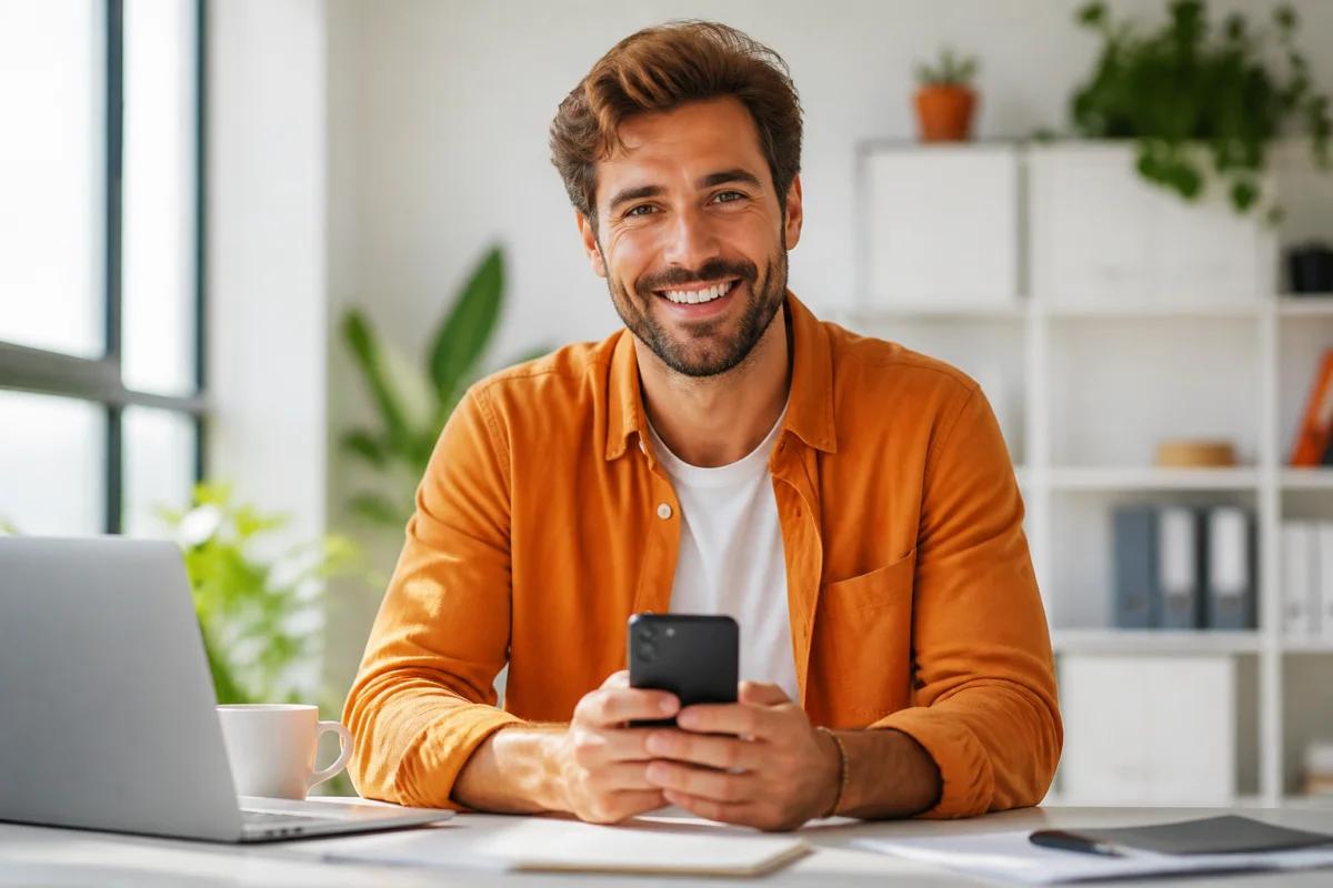 Personne souriante tenant un smartphone dans un bureau lumineux pour identifier l'opérateur d'un numéro 0688.