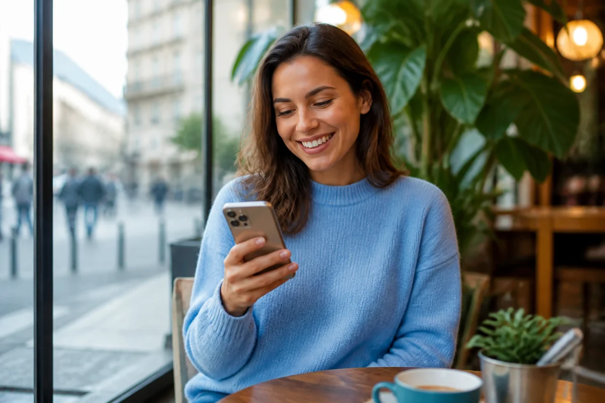 Personne souriante utilisant un smartphone dans un café lumineux pour identifier l'opérateur du numéro 0771.