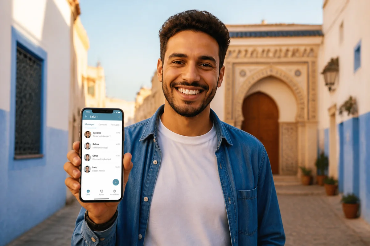 Personne souriante utilisant un smartphone dans un décor urbain marocain pour identifier son opérateur mobile 0687.