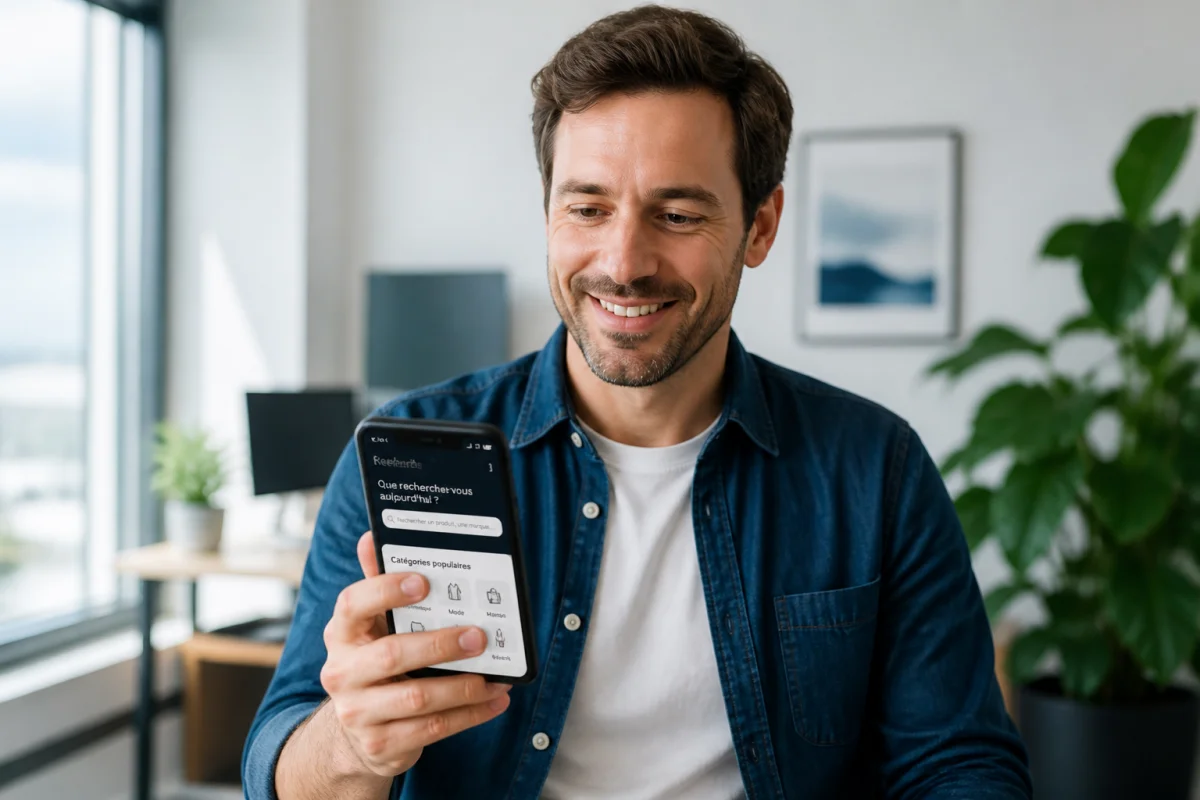 Personne souriante utilisant son smartphone dans un bureau lumineux pour identifier l'opérateur du numéro 0632.