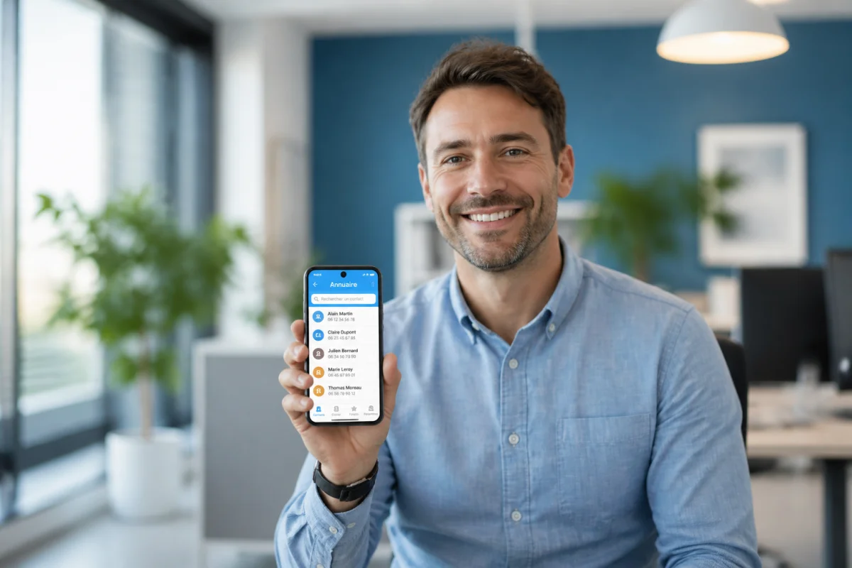 Personne souriante tenant un smartphone dans un bureau moderne pour identifier l'opérateur du numéro 0772.