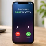 Smartphone moderne sur bureau en bois affichant un appel entrant 06 87 pour identifier quel opérateur le possède.