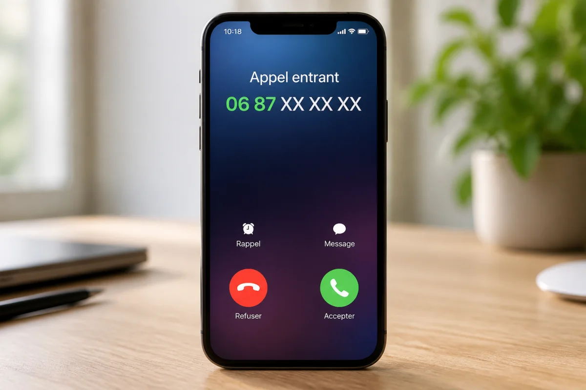 Smartphone moderne sur bureau en bois affichant un appel entrant 06 87 pour identifier quel opérateur le possède.