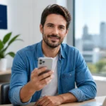 Personne souriante tenant un smartphone dans un bureau moderne pour identifier l'opérateur du numéro 0756.