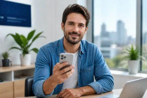 Personne souriante tenant un smartphone dans un bureau moderne pour identifier l'opérateur du numéro 0756.