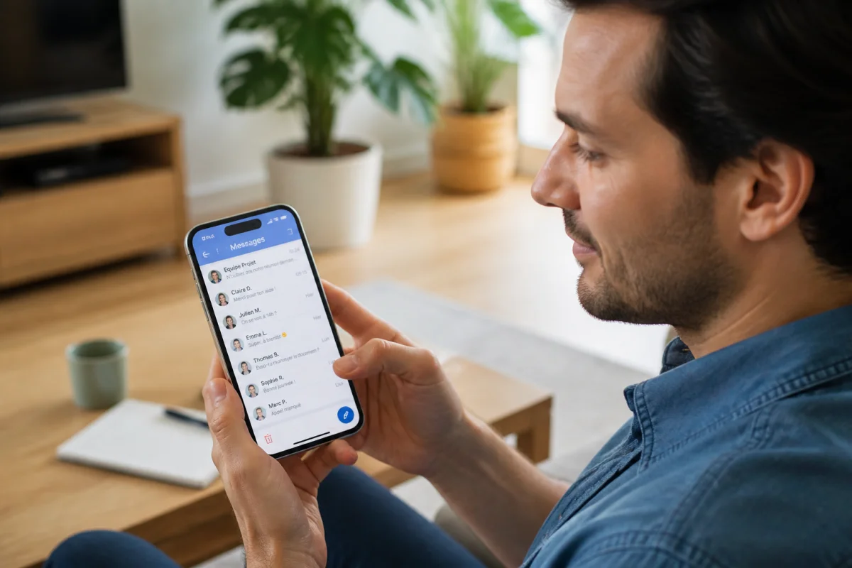 Personne concentrée consultant son smartphone pour récupérer des SMS supprimés dans une interface de messagerie épurée.
