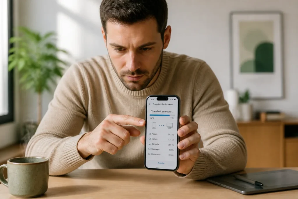 Personne concentrée utilisant un smartphone pour récupérer des SMS sur un bureau minimaliste et lumineux.