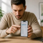 Personne concentrée utilisant un smartphone pour récupérer des SMS sur un bureau minimaliste et lumineux.