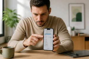 Personne concentrée utilisant un smartphone pour récupérer des SMS sur un bureau minimaliste et lumineux.