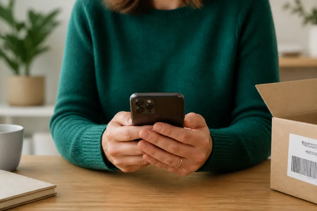 Personne utilisant son smartphone sur un bureau pour effectuer les démarches afin de savoir comment résilier Free Mobile.