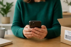 Personne utilisant son smartphone sur un bureau pour effectuer les démarches afin de savoir comment résilier Free Mobile.