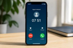 Smartphone moderne affichant un appel entrant avec le numéro 07 51 pour identifier quel opérateur le détient.