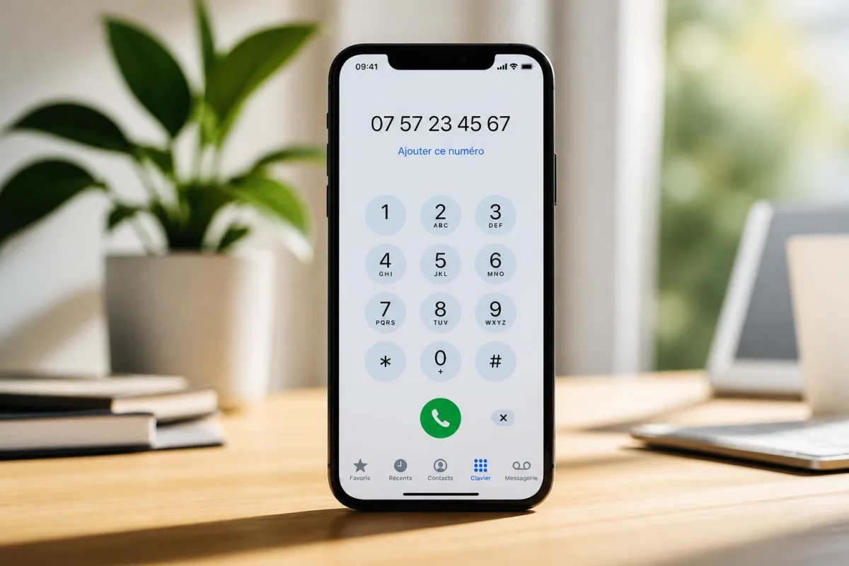 Smartphone moderne affichant un numéro commençant par 07 57 sur un bureau en bois pour identifier l'opérateur.
