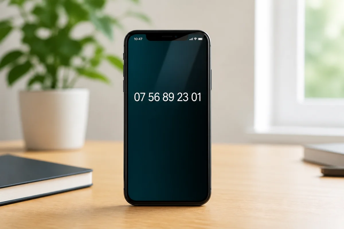 Smartphone moderne sur un bureau en bois affichant un numéro pour identifier quel opérateur utilise le 0780.