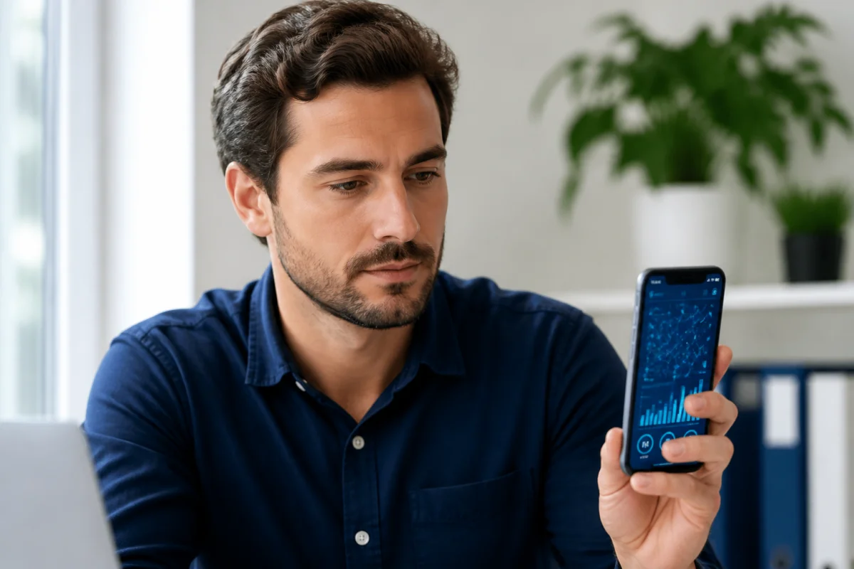 Professionnel utilisant un smartphone dans un bureau lumineux pour trouver une adresse mail à partir d'un numéro de téléphone.