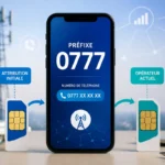 Smartphone affichant le préfixe 0777, avec deux cartes SIM illustrant l’attribution initiale et l’opérateur actuel