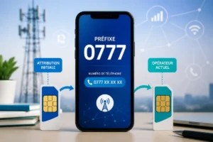 Smartphone affichant le préfixe 0777, avec deux cartes SIM illustrant l’attribution initiale et l’opérateur actuel