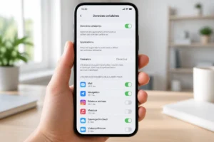 Smartphone affichant les réglages pour activer les données mobiles, avec l’itinérance et les applications visibles.