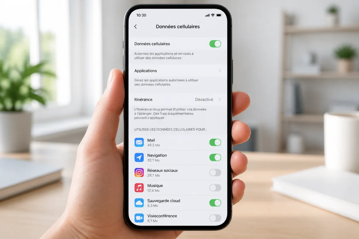 Smartphone affichant les réglages pour activer les données mobiles, avec l’itinérance et les applications visibles.