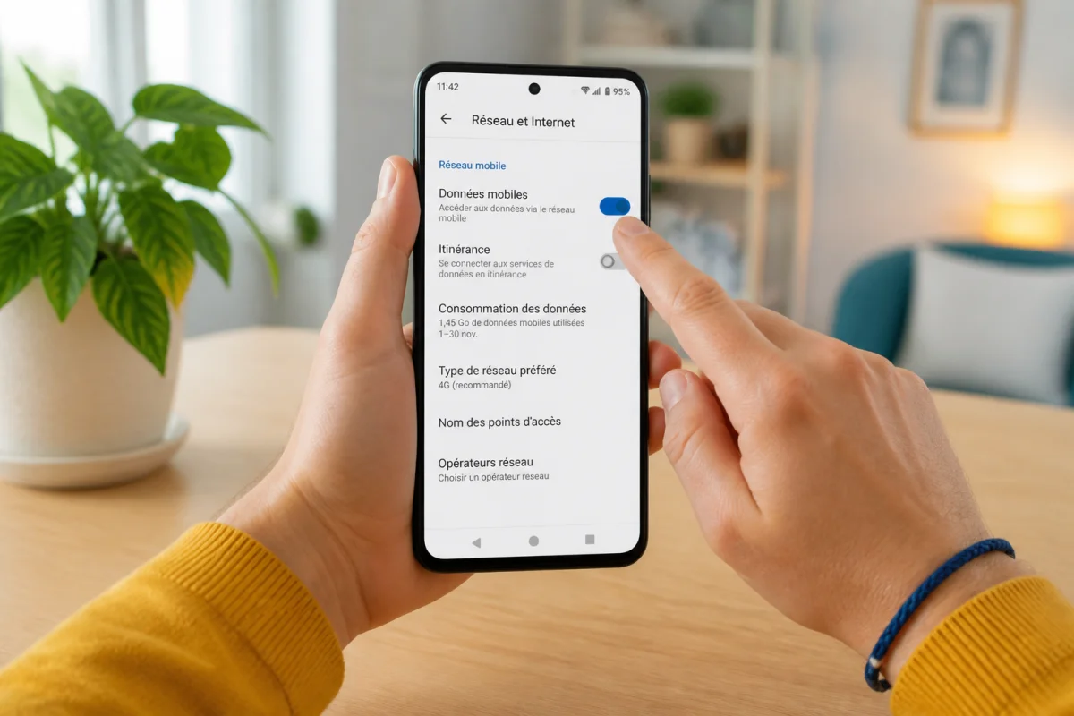 Main activant les données mobiles dans les paramètres réseau d’un smartphone Android générique, sur un bureau lumineux