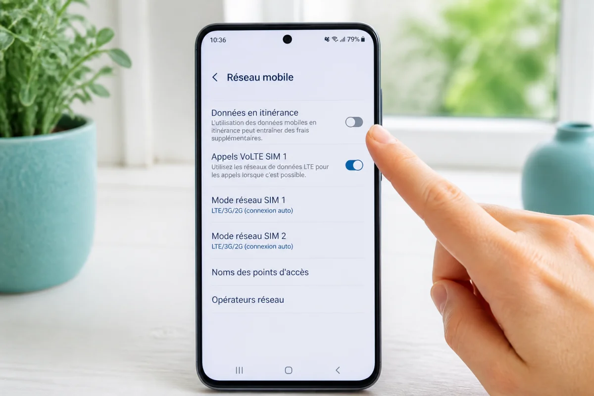 Smartphone affichant l’itinérance des données désactivée pour bloquer le hors forfait data RED