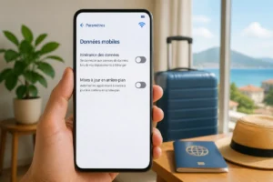 Smartphone affichant l’itinérance des données désactivée pour bloquer le hors forfait data RED à l’étranger