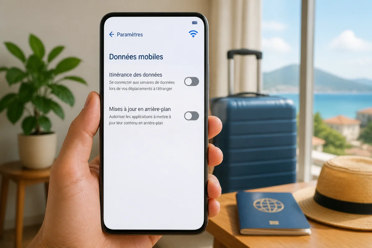 Smartphone affichant l’itinérance des données désactivée pour bloquer le hors forfait data RED à l’étranger