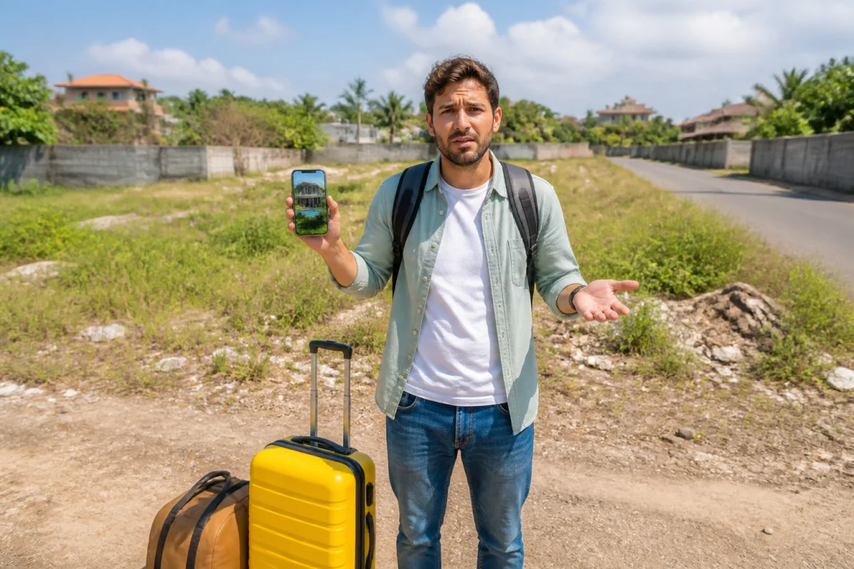 Voyageur désorienté devant un terrain vague après une réservation Booking, illustrant une arnaque au logement inattendu
